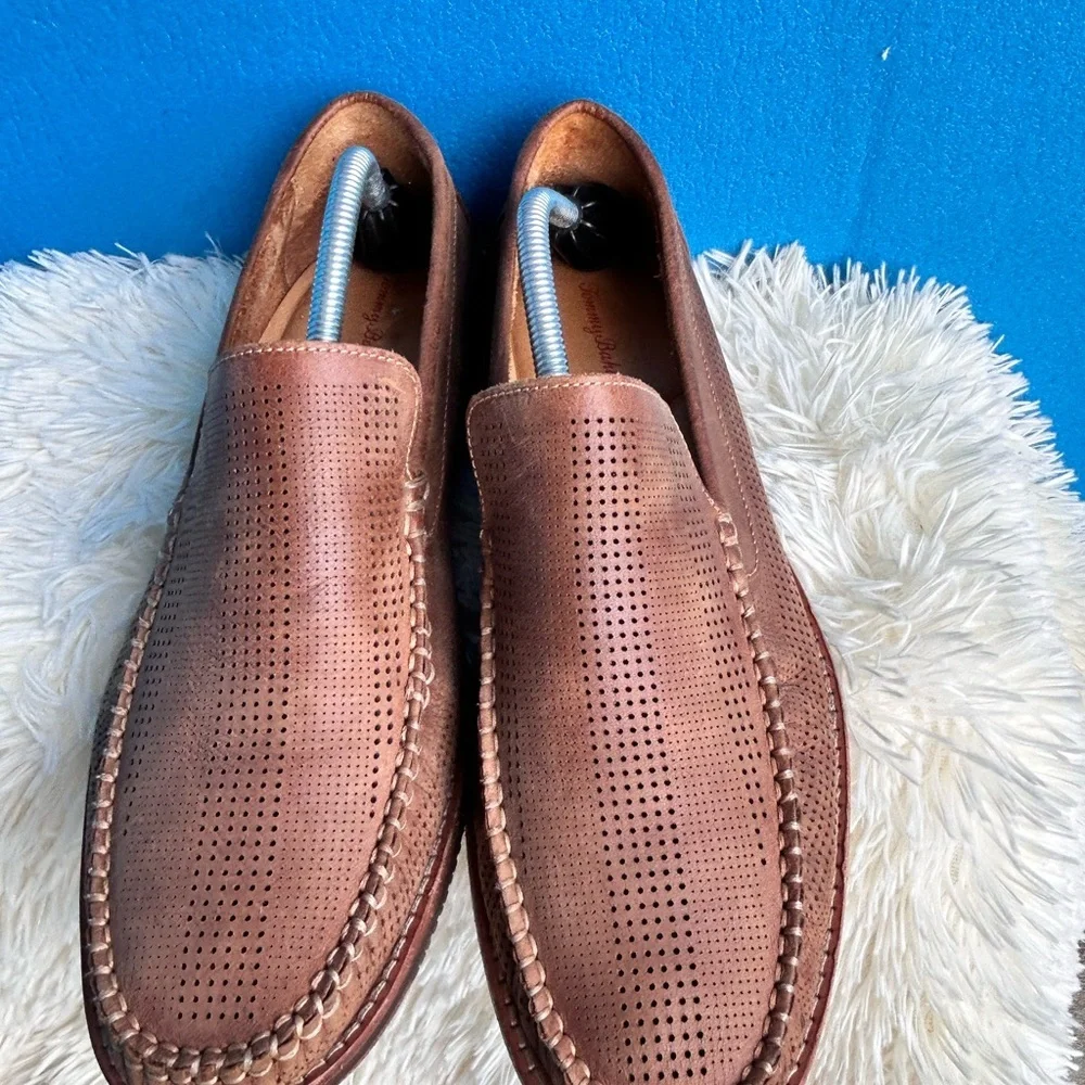 Tommy Bahama Felton nubuck perforated leather slip-on shoes in a brown